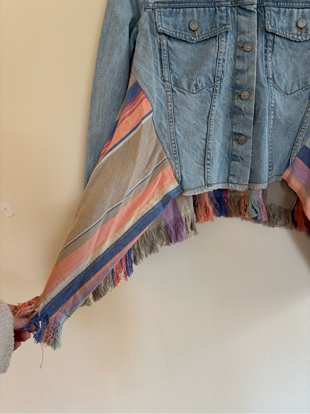 Free People Light Wash Denim Jacket with Pastel Fringe Panels - Picture 3 of 8